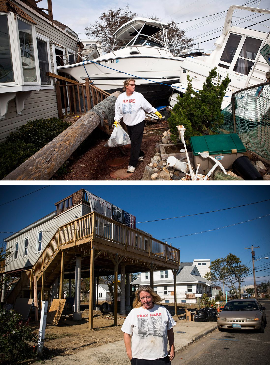 [Top] Regina Yahara-Splain cleans out her home after it was damaged by Superstorm Sandy on November 1, 2012 in Highlands, New Jersey. [Bottom] Almost one year later, Yahara-Splain poses for a portrait in front of the same home, which she has since raised on stilts to protect it from future storms, October 22, 2013.